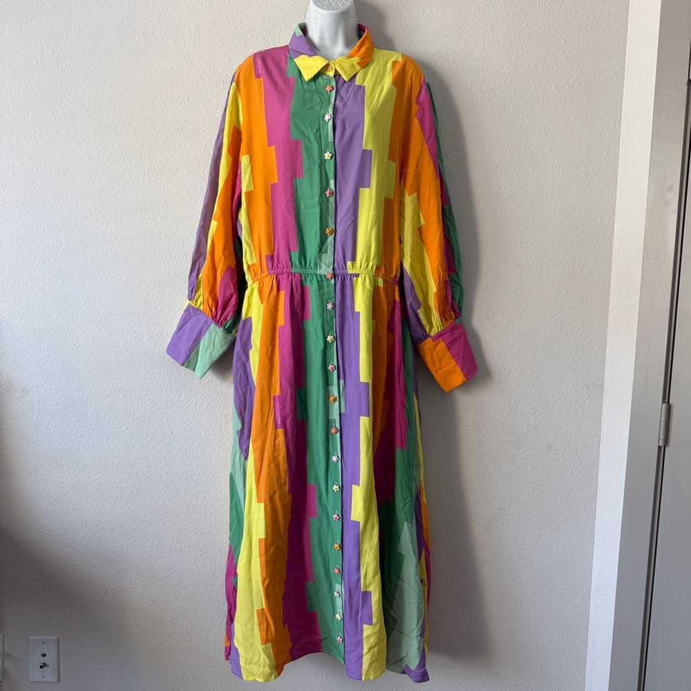 Julyliebe Maxi Long Shirt Dress Size 3XL Multicolor Colorblock Retro Maximalism